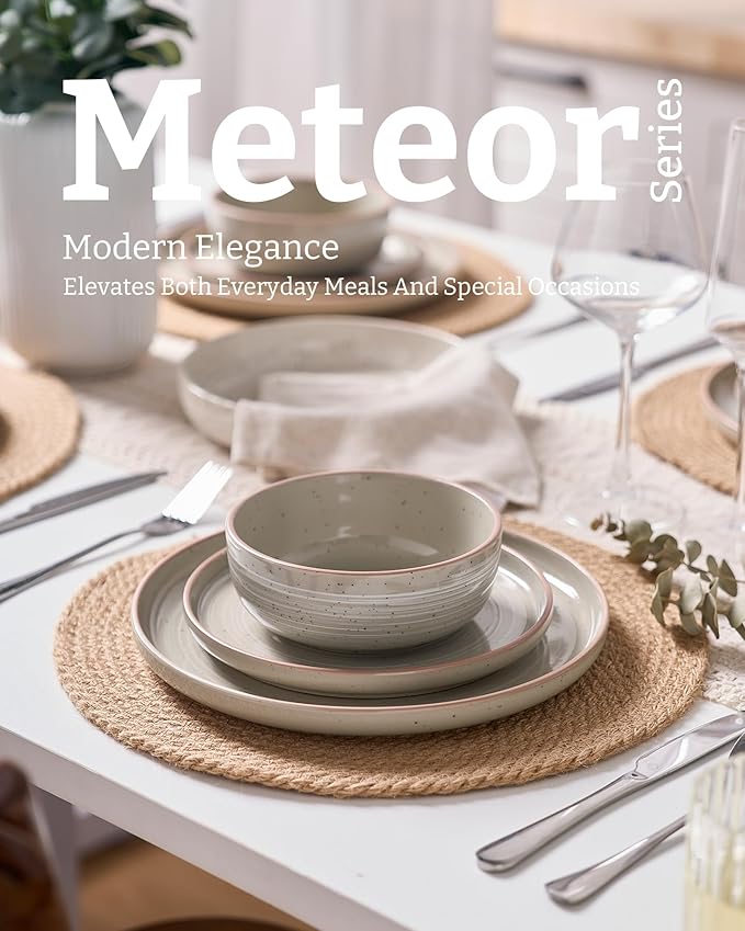 Famiware Meteor Stoneware Dinnerware Sets with Pasta Bowls, Service for 4 (16 Pieces), Plates and Bowls Sets, Microwave and Dishwasher Safe Dishes Set, Matcha Green