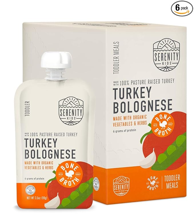 Serenity Kids Toddler Food Pouch Puree - Turkey Bolognese - Protein-Rich Bone Broth Blend - Organic Veggie Pouch for Toddler Snacks - BPA-Free Turkey Broth Puree - 3.5 Oz, 6 Pack