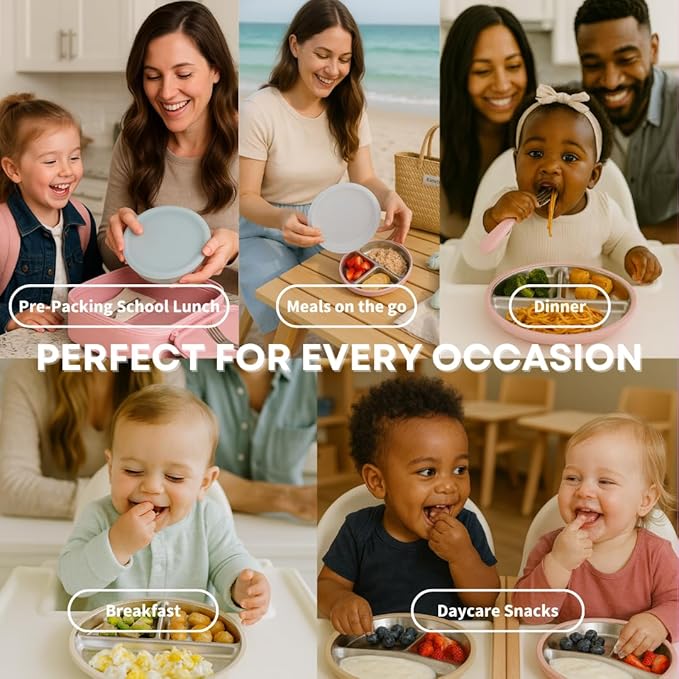 Karefree Children’s Minimalist Stainless Steel Suction Plate with Lid – 3-Section, BPA-Free, Food Grade Silicone, Easy Clean, Perfect for Toddlers & Baby Led Weaning (2, Blush Pink and Beige)