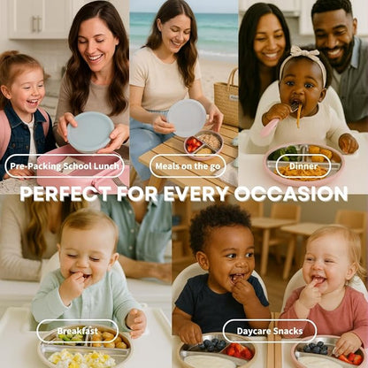 Karefree Children’s Minimalist Stainless Steel Suction Plate with Lid – 3-Section, BPA-Free, Food Grade Silicone, Easy Clean, Perfect for Toddlers & Baby Led Weaning (2, Blush Pink and Beige)