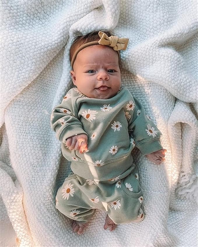 3Pcs Baby Girl Outfits Daisy Sweatshirt + Pants + Headband Infant Fall Winter Clothes