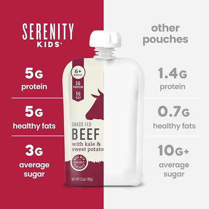 Serenity Kids 6+ Months Baby Food Pouches - Grass-Fed Beef Puree & Organic Sweet Potatoes - Protein Pouches for Toddler Snacks - Recyclable BPA-Free Packaging for Baby Snacks - 3.5 Oz, 6 Pack