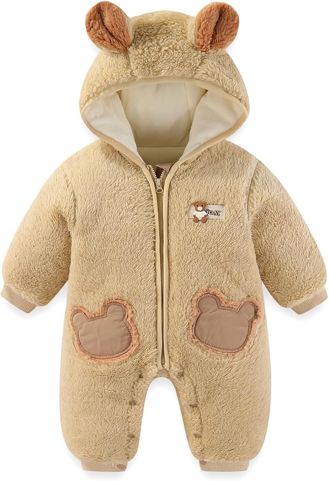 JiAmy Baby Fleece Snowsuit Newborn Hooded Winter Outfits Infant Boys Girls Hooded Zipper Jumpsuit Romper