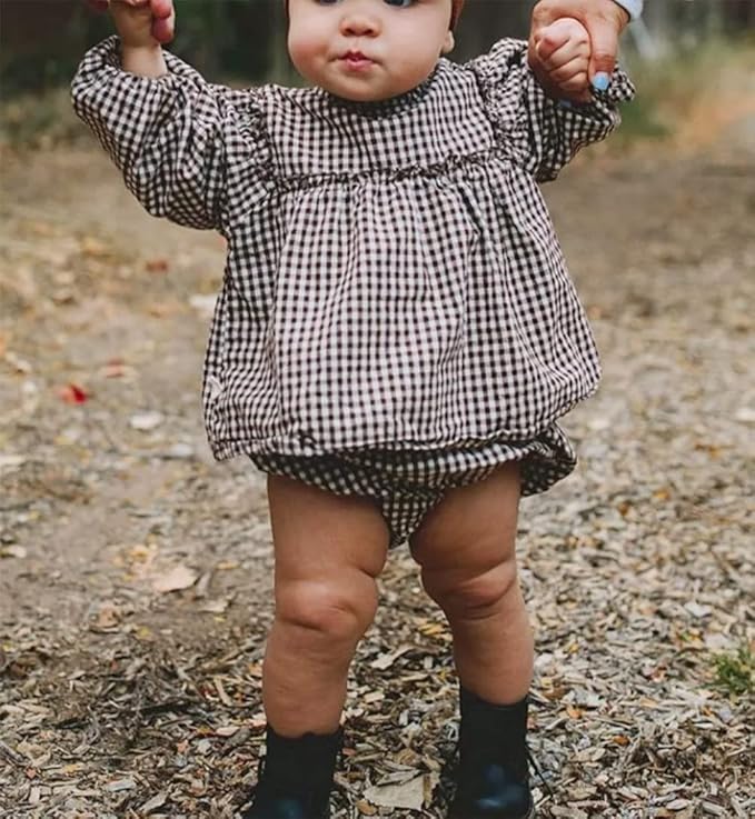 Douhoow Infant Baby Girl Plaid Romper Baby Sweatshirt Romper Ruffle Festival Clothes Fall Winter Outfits with Headband