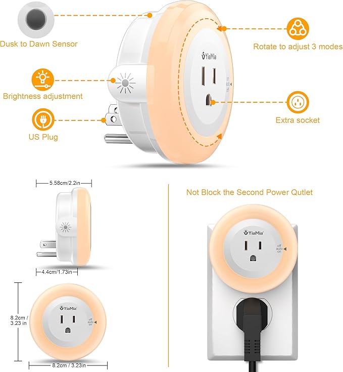 YiaMia Night Lights Plug Into Wall, Dusk to Dawn Sensor Night Light with Outlet, Warm Light Dimmable Nightlights–5-25 Lumens, Auto On/Off, Perfect for Bedroom, Hallway, Living Room & Kitchen,2Pack