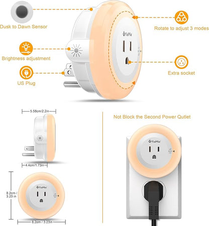 YiaMia Night Lights Plug Into Wall, Dusk to Dawn Sensor Night Light with Outlet, Warm Light Dimmable Nightlights–5-25 Lumens, Auto On/Off, Perfect for Bedroom, Hallway, Living Room & Kitchen,2Pack