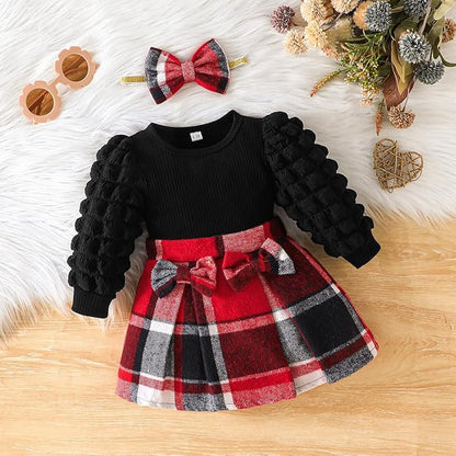 Toddler Baby Girl Plaid Dress Puff Sleeve Bow Patchwork Ribbed Shirts Dress Plaid Fall Winter Outfits with Headband