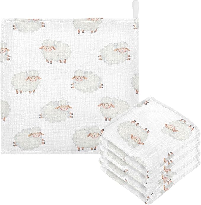 vvfelixl Cotton Cute Curly Lamb Baby Muslin Washcloths Soft Face Towel for Newborns, 11.8 X 11.8 Inch, 3 Pack White