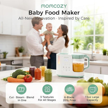 Momcozy AutoMeal Baby Food Maker – One-Step Auto Steam & Blend Food Processor, 15oz Large Cup & 6-Blade Design, Self-Cleaning, Auto 3-Stage Texture Settings for Effortless Homemade Baby Puree
