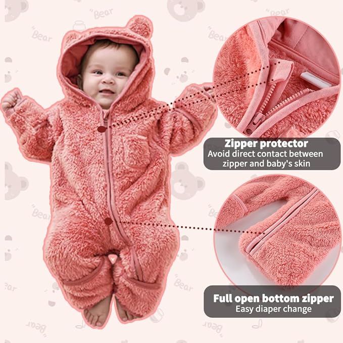 Newborn Baby Bear Outfit With Fold-Over Mittens and Footies Girls Boys Winter Fleece Clothes Hooded Romper Snowsuit