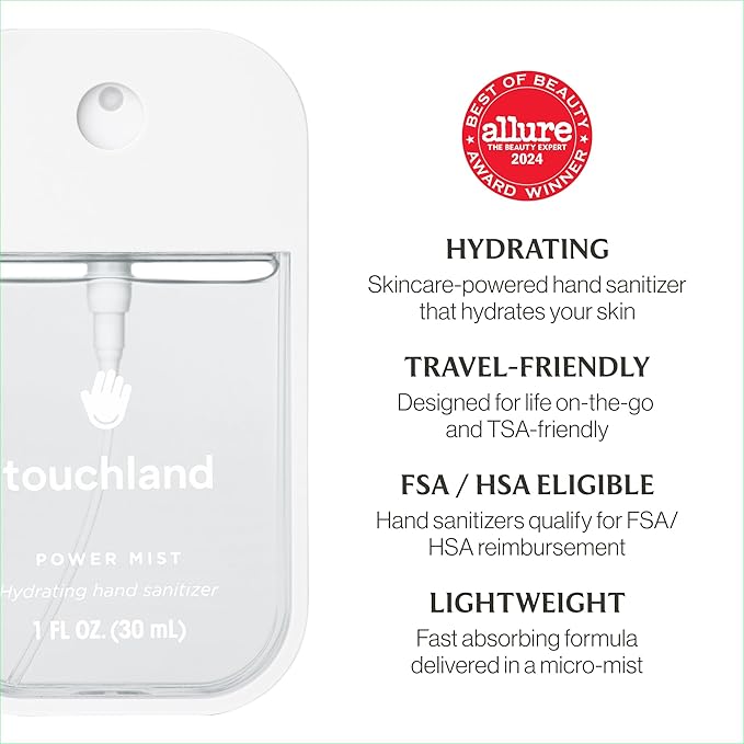 Touchland Hydrating Hand Sanitizer Spray, DYE FREE Trio Set (Rainwater, Unscented, Beach Coco), 1 FL. OZ. Travel Size Power Mist Sprays (Set of 3)