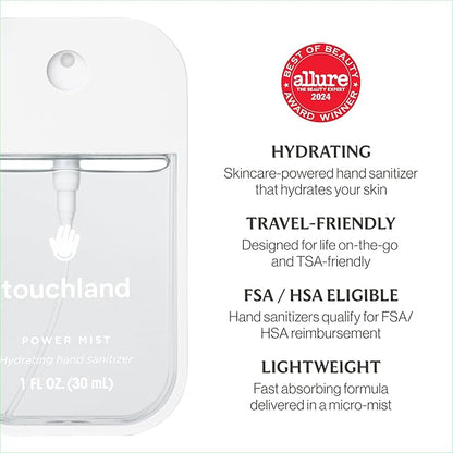 Touchland Hydrating Hand Sanitizer Spray, DYE FREE Trio Set (Rainwater, Unscented, Beach Coco), 1 FL. OZ. Travel Size Power Mist Sprays (Set of 3)