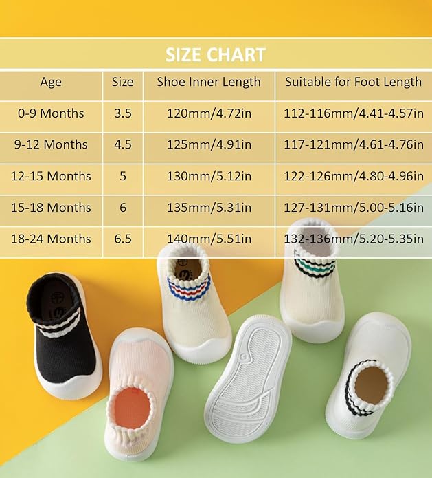 Baby Sock Shoes Toddler Walking Slippers Non-Slip Breathable Stripes Shoes with Soft Rubber Sole for Infant Boys Girls Slip On Sneakers