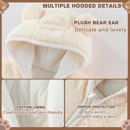 Newborn Baby Bear Outfit With Fold-Over Mittens and Footies Girls Boys Winter Fleece Clothes Hooded Romper Snowsuit