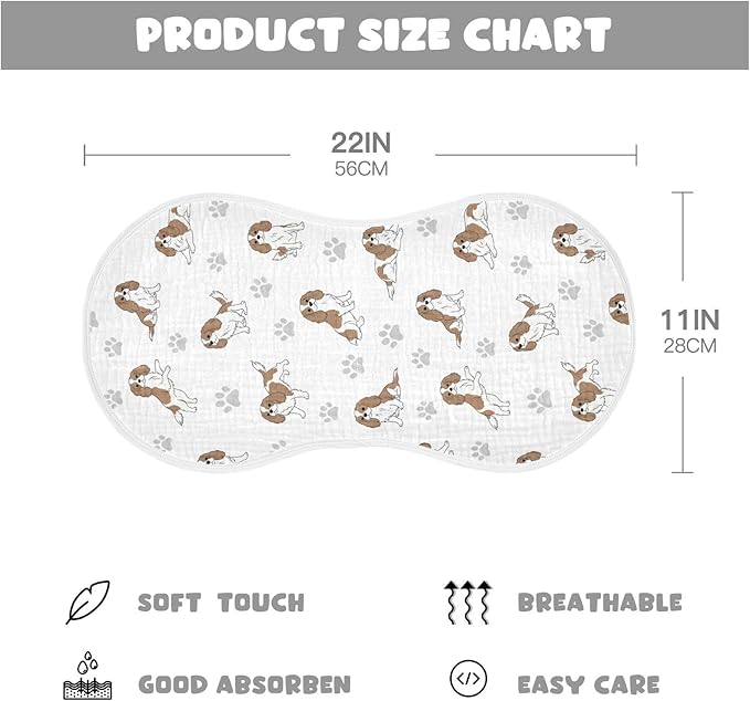 1 Pack Muslin Burp Cloths Cavalier Dogs Paw White Cotton Baby Burp Cloths Ultra Soft Burping Cloth Absorbent Spit Up Rags for Newborn Must Haves 22x11 Inch