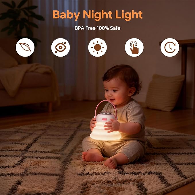 Wapentake® Baby Night Light, Featuring 12 Color Options and stepless dimming, Made of Soft Silicone, Foldable for Storage, and Rechargeable, Suitable for Breastfeeding Mothers