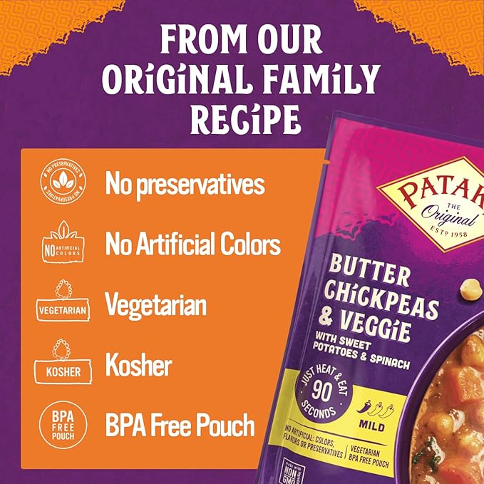 Patak’s Butter Chickpeas & Veggies - Vegetarian Ready to Eat Meal - Mild Indian Curry w/Chickpeas, Spinach & Veggies - Microwave Meal for Quick Dinners - Serve with Rice or Naan - 10.5oz (Pack of 6)