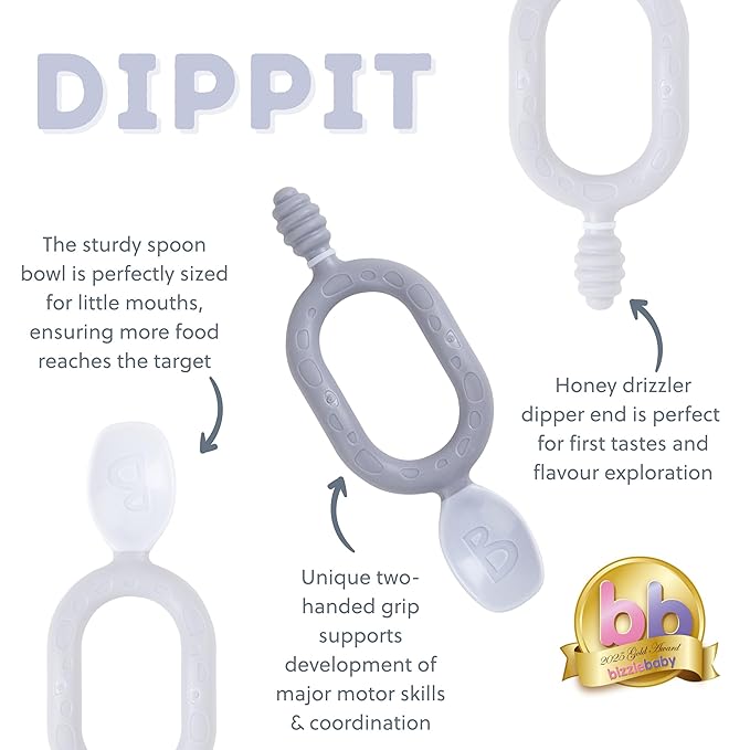 Bibado - Dippit Baby Spoon and Dipper, Mist (2-Pack) - Soft, Chewable Dipper & Deep Spoon - Two-Hand, Sensory Grip - Toddler Utensils - Baby Led Weaning Supplies - Baby Essentials - 6 Months+