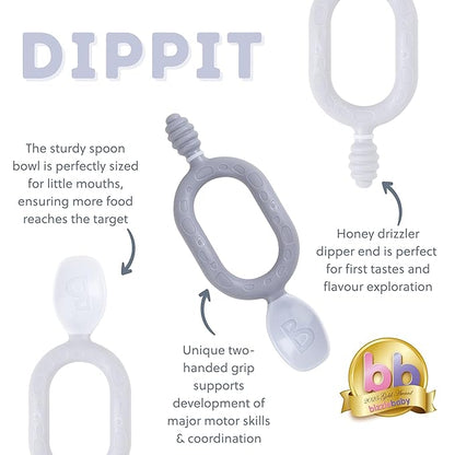 Bibado - Dippit Baby Spoon and Dipper, Mist (2-Pack) - Soft, Chewable Dipper & Deep Spoon - Two-Hand, Sensory Grip - Toddler Utensils - Baby Led Weaning Supplies - Baby Essentials - 6 Months+