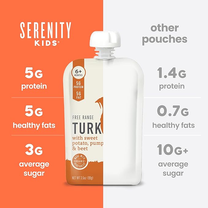 Serenity Kids 6+ Months Baby Food Puree Pouch - 3.5 Oz, 18 Count, Meat & Veggie Mix - Protein-Packed Food Pouches with 5g Protein - No Added Sugar Baby Snacks - Recyclable Containers for Toddler Meals