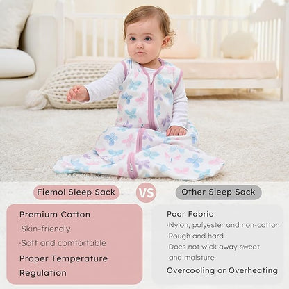 Baby Sleep Sack 18-24 months, 100% Cotton Sleeping Sack for Toddler, 3 Pack Baby Wearable Blanket, 0.5 Tog Lightweight Double Zipper Sleep Bag XLarge Pink Butterfly Flower