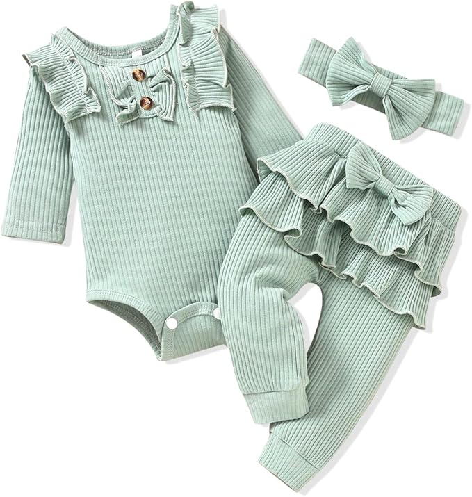 Aalizzwell Preemie Newborn Infant Baby Girls Clothes Ribbed Bodysuit Pants Set Fall Winter Outfits