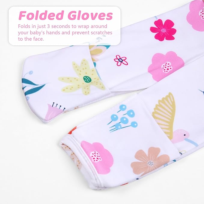 Newborn Baby Girl Gown 0-6 Months, Super Soft Newborn Sleepers Gown, Long Sleeve Infant Nightgown for Girls, Baby Girl Outfit Essential with Folding Gloves Hat Set Flower Bird