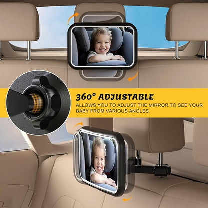 Baby Car Mirror with Light, 7 RGB Light Rear Facing Baby Car Seat Mirror with Remote Control Rechargeable 360° Rotation Hook Clip Design Wide View Shatterproof