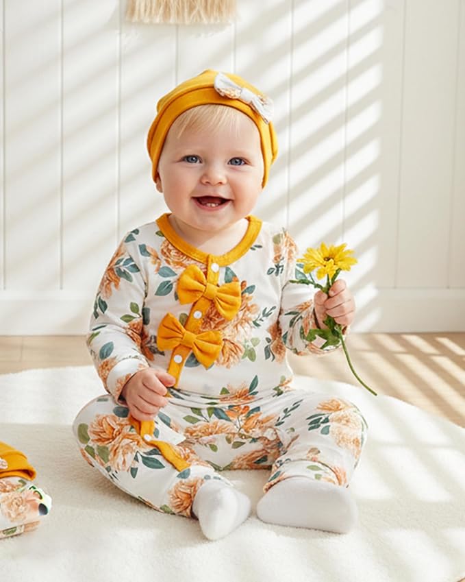 Mioglrie Newborn Baby Girl Clothes Long Sleeve Romper Infant Fall Winter Outfits Floral Hat Jumpsuit Preemie Girl Clothes