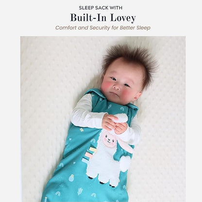 Unisex Organic Cotton Sleep Sack with attached Security Lovey for Self Soothing - Baby Wearable Blanket for Newborn Infant Shower Gifts (Llama, 6-18 Months, 1.0 Tog)