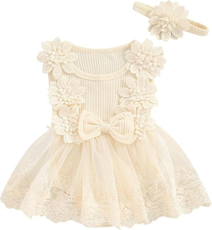 Infant Baby Girl Lace Romper Baby Tulle Dress Romper Flowers Bodysuit Spring Summer Festival Clothes with Headband