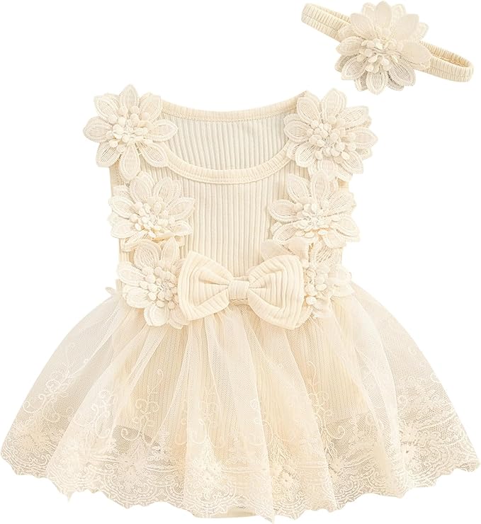 Infant Baby Girl Lace Romper Baby Tulle Dress Romper Flowers Bodysuit Spring Summer Festival Clothes with Headband