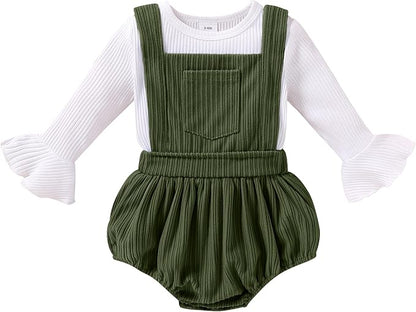 Tiny Cutey Newborn Baby Girl Clothes Bell Sleeve Romper and Corduroy Overalls Shorts Infant Girl Fall Outfits