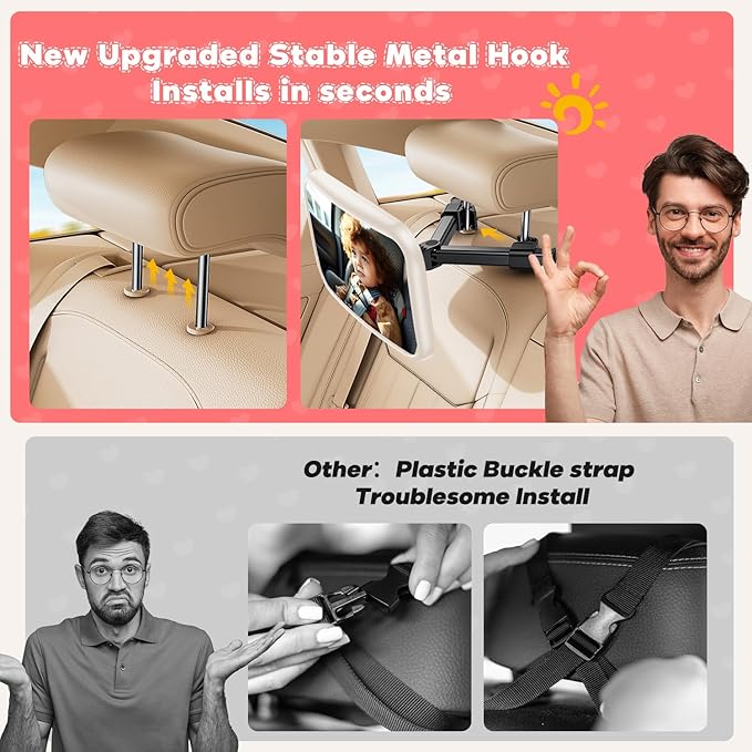 Baby Car Mirror for Baby Car Seat Safely Mirror Hook Clip Design for Rear Facing Infant Newborn 360° Rotation Baby Backseat Mirror Wide Clear View Shatterproof Easy Install Baby Essentials - White