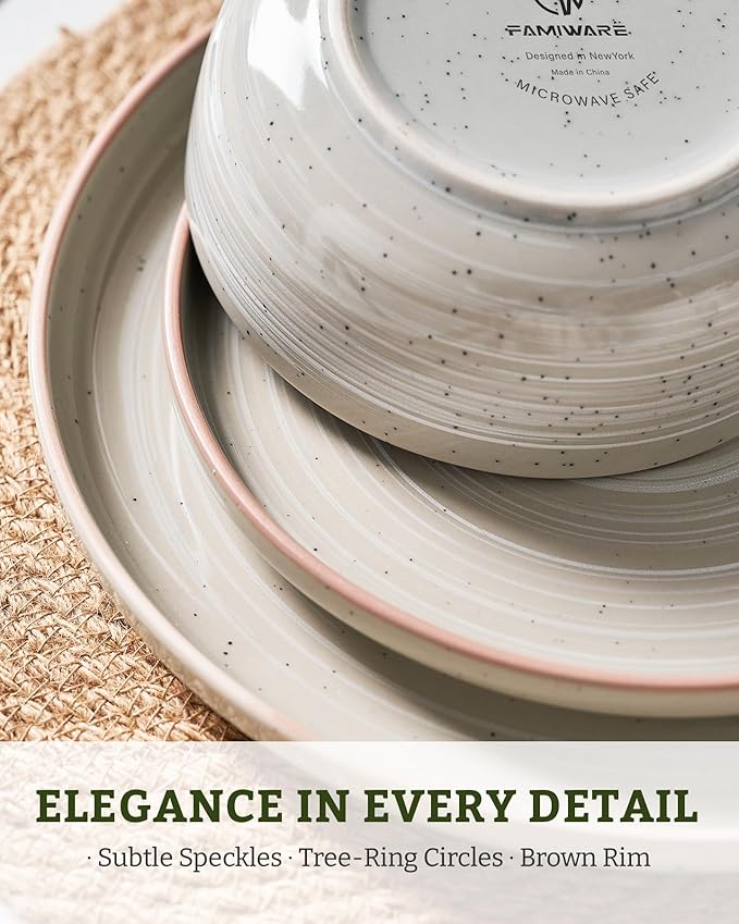 Famiware Meteor Stoneware Dinnerware Sets with Pasta Bowls, Service for 4 (16 Pieces), Plates and Bowls Sets, Microwave and Dishwasher Safe Dishes Set, Matcha Green