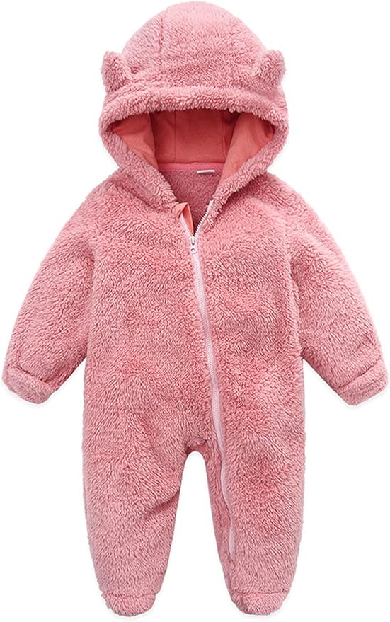 Baby Furry Jumpsuit Infant Bear Onesies Zipper Long Sleeve One-Piece Romper Hoodie Baby Outwear Snowsuit