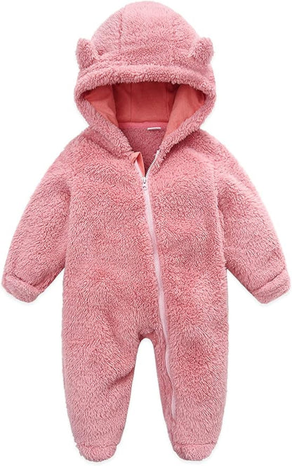 Baby Furry Jumpsuit Infant Bear Onesies Zipper Long Sleeve One-Piece Romper Hoodie Baby Outwear Snowsuit
