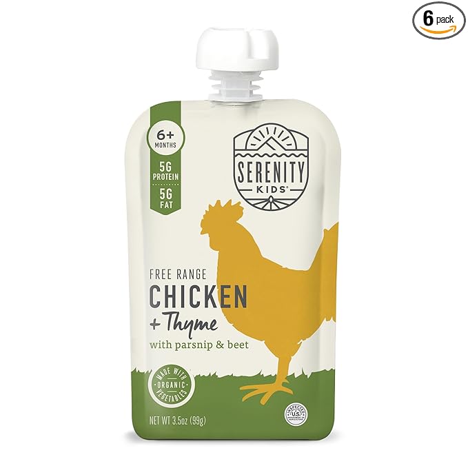 Serenity Kids 6+ Months Baby Food Pouch - Chicken & Thyme - 5g Protein Baby Meat Pouch - Organic Parsnip & Beet Puree - Savory Toddler Snacks - 3.5 Oz, 6 Pack