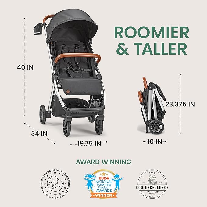 Bombi Bēbee V2 Lightweight Baby Stroller - Premium Vegan Leather, One-Hand Fold, Infinite Recline, Aircraft-Grade Aluminum Frame, XXL Canopy, and Ample Storage Umbrella Stroller - Midnight Black