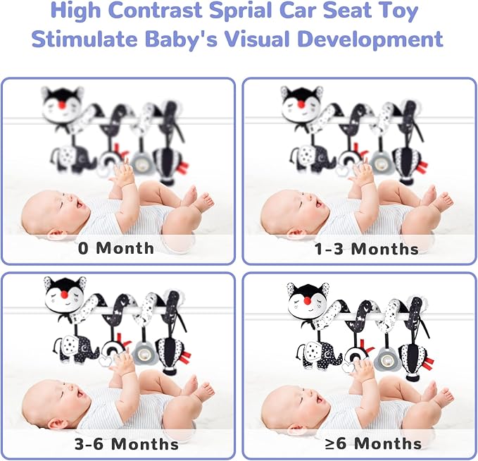 XIXILAND Musical Car Seat Toy Black and White Baby Toys, Infant Toys 0-6 Months Stroller Toy, High Contrast Newborn Developmental Gift for 0 3 6 9 12 Months Girls Boys Babies