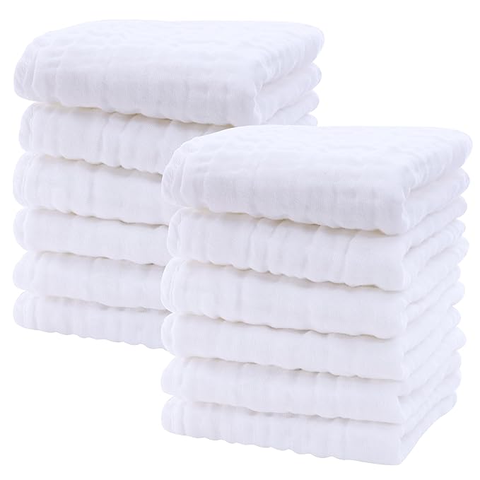 SWEET DOLPHIN 12 Pack Baby Muslin Washcloths - Soft Face Cloths for Newborn, Absorbent Bath Wash Cloths, Wipes, Burp Rag - Toddlers Essentials Stuff, Baby Registry as Shower -10"x10", White