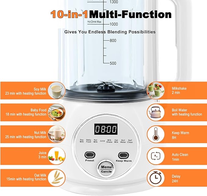 10 in 1 Nut Milk Maker Hot Blender,51oz Homemade Soy, Almond,Oat,Plant Based,Baby Food Maker 20 Blades,Automatic Soybean Machine with 24H Delay Start/Keep Warm8H/Boil Water&Auto Clean