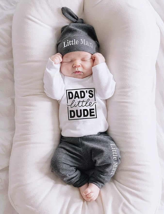 Fommy Newborn Baby Boy Clothes New to The Crew Letter Print Romper+ Pants+Hat 3PCS Outfit