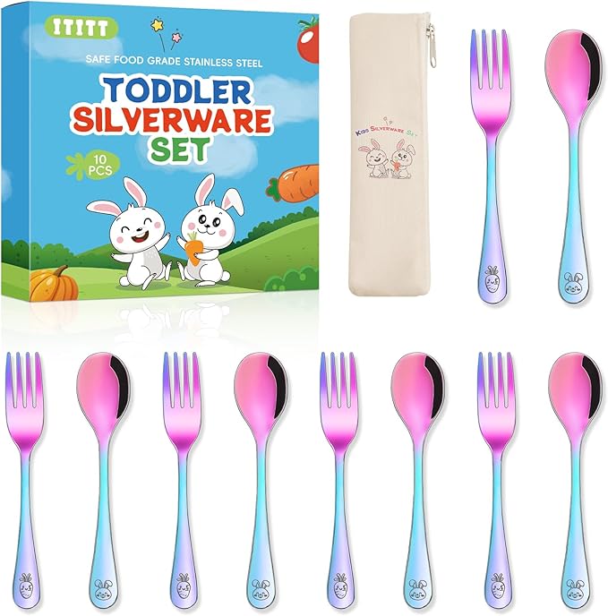 10 Pieces Stainless Steel Rainbow Toddler Utensils Set - Food Grade Kids Silverware Set Children Safe Small Forks and Spoons Mirror Polished Sturdy and Durable Dishwasher Safe