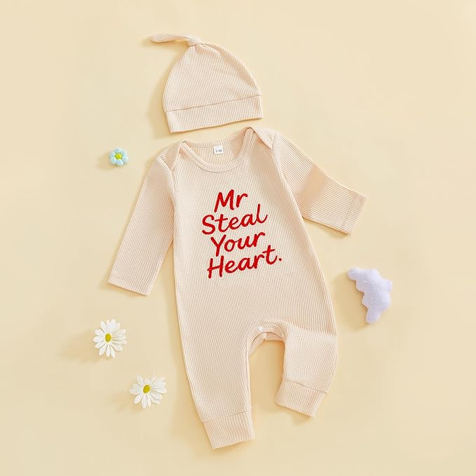 Baby Valentines Outfit Girl Boys Long Sleeve Footie Rib Onesie knot Hat Spring Clothes Newborn Outfits Infant Set