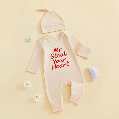 Baby Valentines Outfit Girl Boys Long Sleeve Footie Rib Onesie knot Hat Spring Clothes Newborn Outfits Infant Set