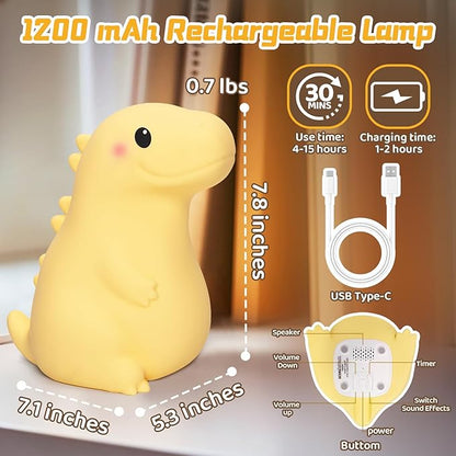 Mewaii Big Dinosaur Night Light for Kids, 7.8 in & 18 Funny Sounds Squishy Silicone Dinosaur Lamp with 3-Level Brightness, Rechargeable LED Cute Dino Nightlight for Boys Baby Nursery Gift&Room Decor