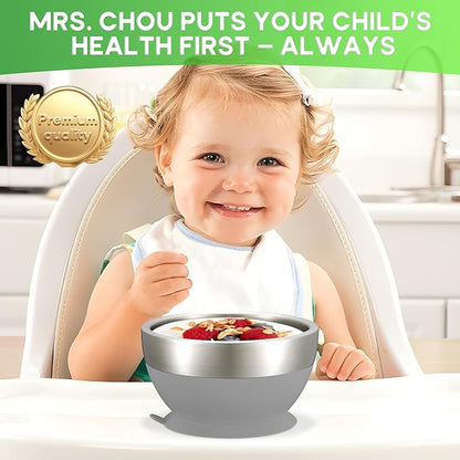 Suction Bowl and Spoon Set for Babies and Toddlers Non-Slip Silicone Suction Cups, Advanced 304 Stainless Steel Bowls, Double-Layer Insulation, and BPA-Free Lids Food-Grade Safety