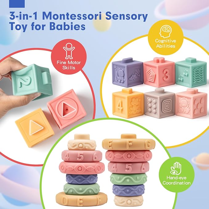 SpringFlower 3 in 1 Montessori Toys for Babies 0-3-6-12 Months, Rattle Teether & Baby Blocks & Soft Stacking Rings, Sensory Developmental Education Toys,Gift for Toddler Baby 0-3-6-12-18 Months