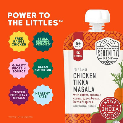 Serenity Kids 6+ Months Chicken Tikka Masala Baby Food Pouch - 3.5 oz, Pack of 12-5g Protein Snacks - Nutrient-Packed Chicken Meals - Ready-to-Serve Pureed Baby Food Pouch
